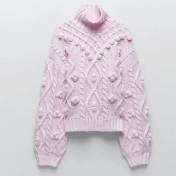 Zara Knit Pom Pom Turtleneck Sweater Light Pink Blogger Fav Size Large - Picture 4 of 10